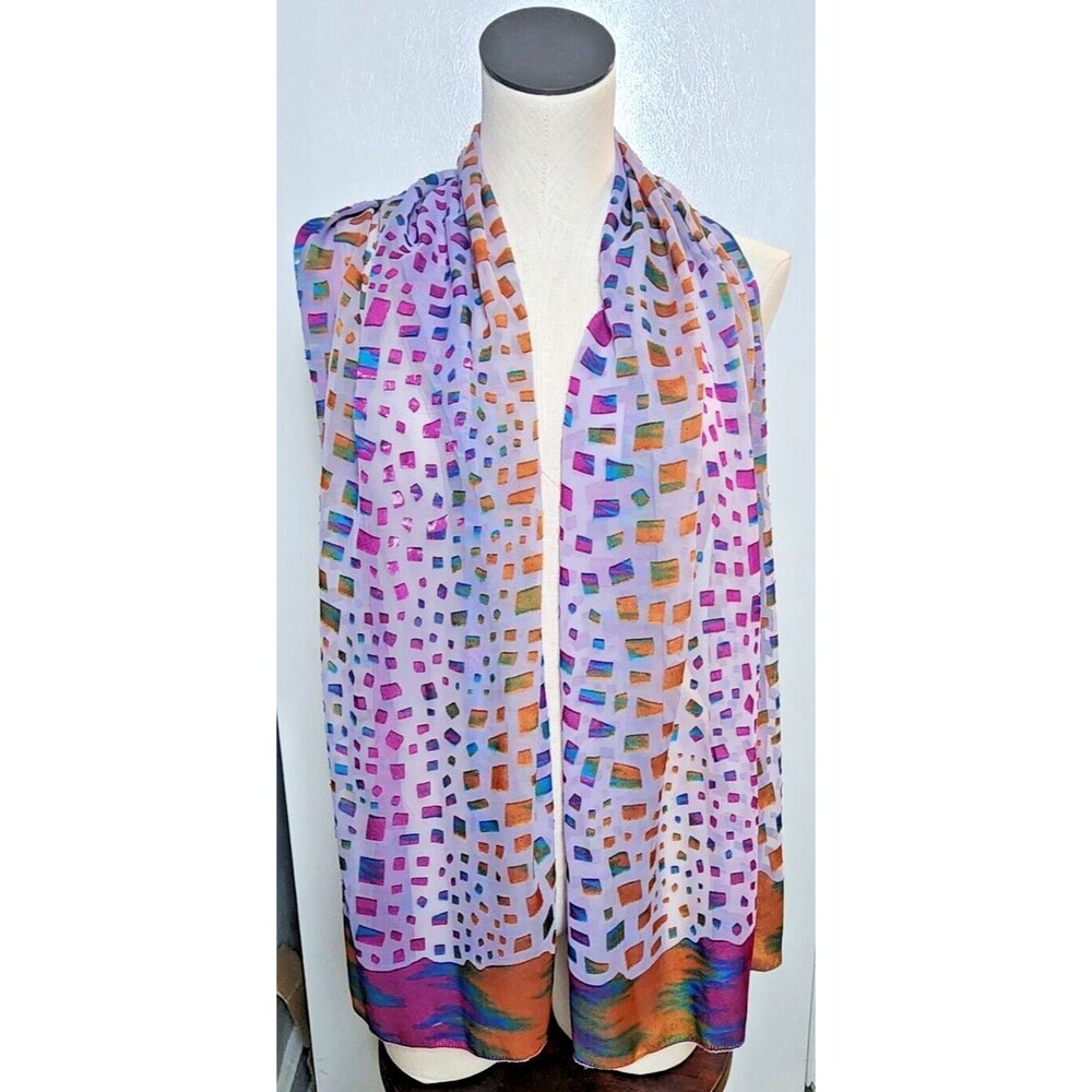 Amtal Rectangular Scarf Shawl Color Mix Textured Sheer Velvet Geometric Design - Picture 2 of 6